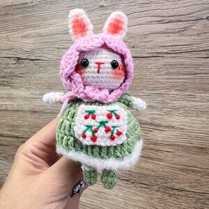 Handmade Amigurumi Crochet Bunny in Hood and Green Dress Plushie